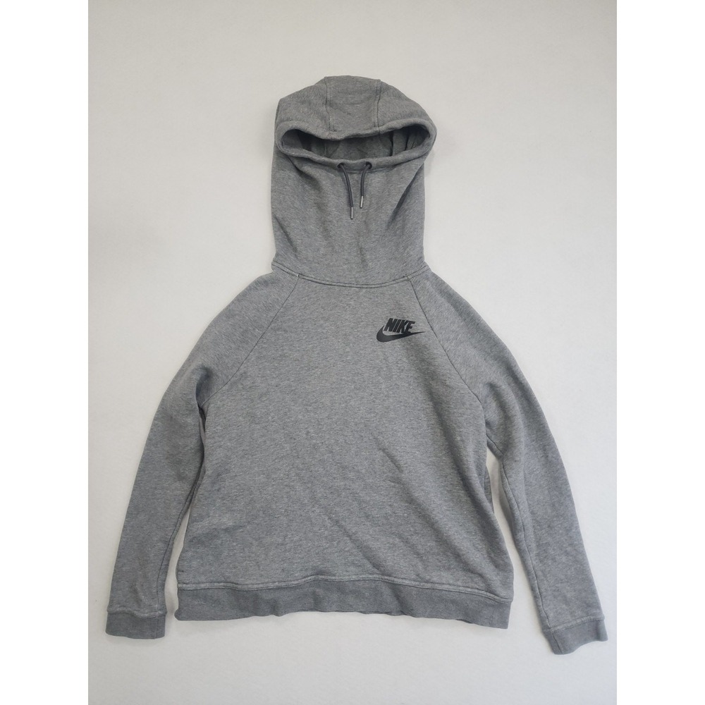 Nike Sportswear Hoodie Womens Medium Heather Gray Logo Fleece Lined Funnel Neck